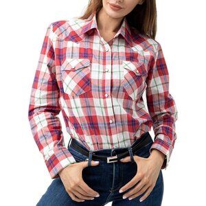Pure Cotton Long Sleeve Western Shirts for Women's with Snap Buttons Plaid